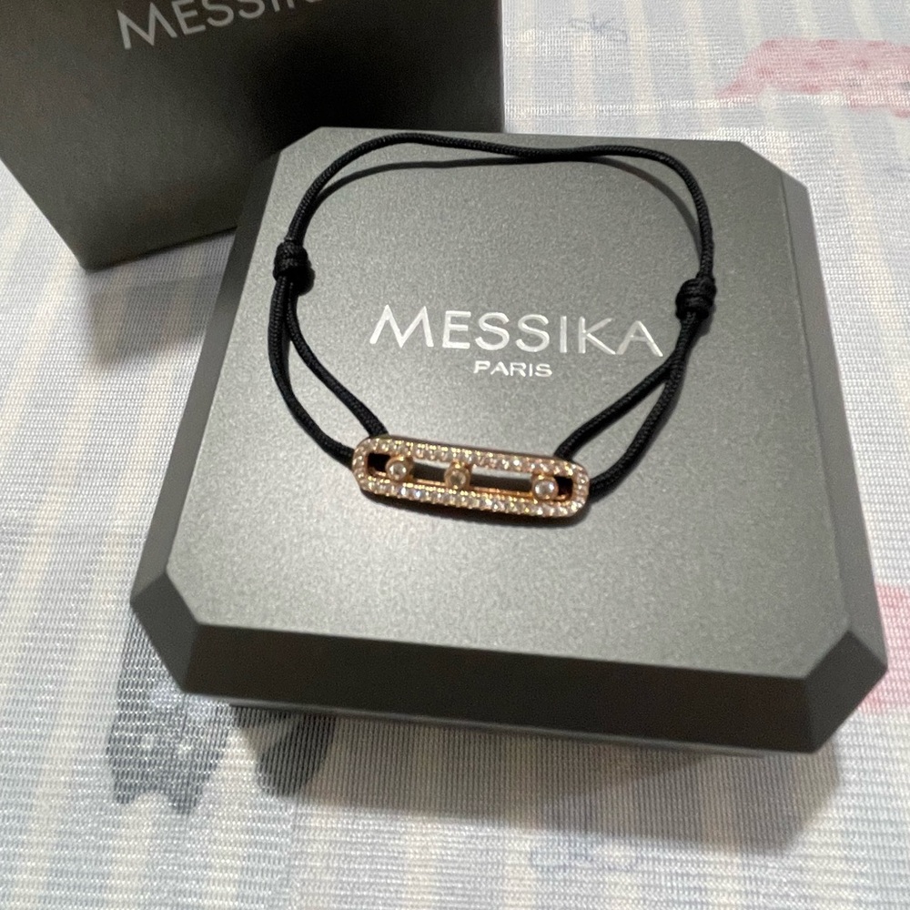 Messika Black Cord Bracelet with Rose Gold Pavé Link Centerpiece